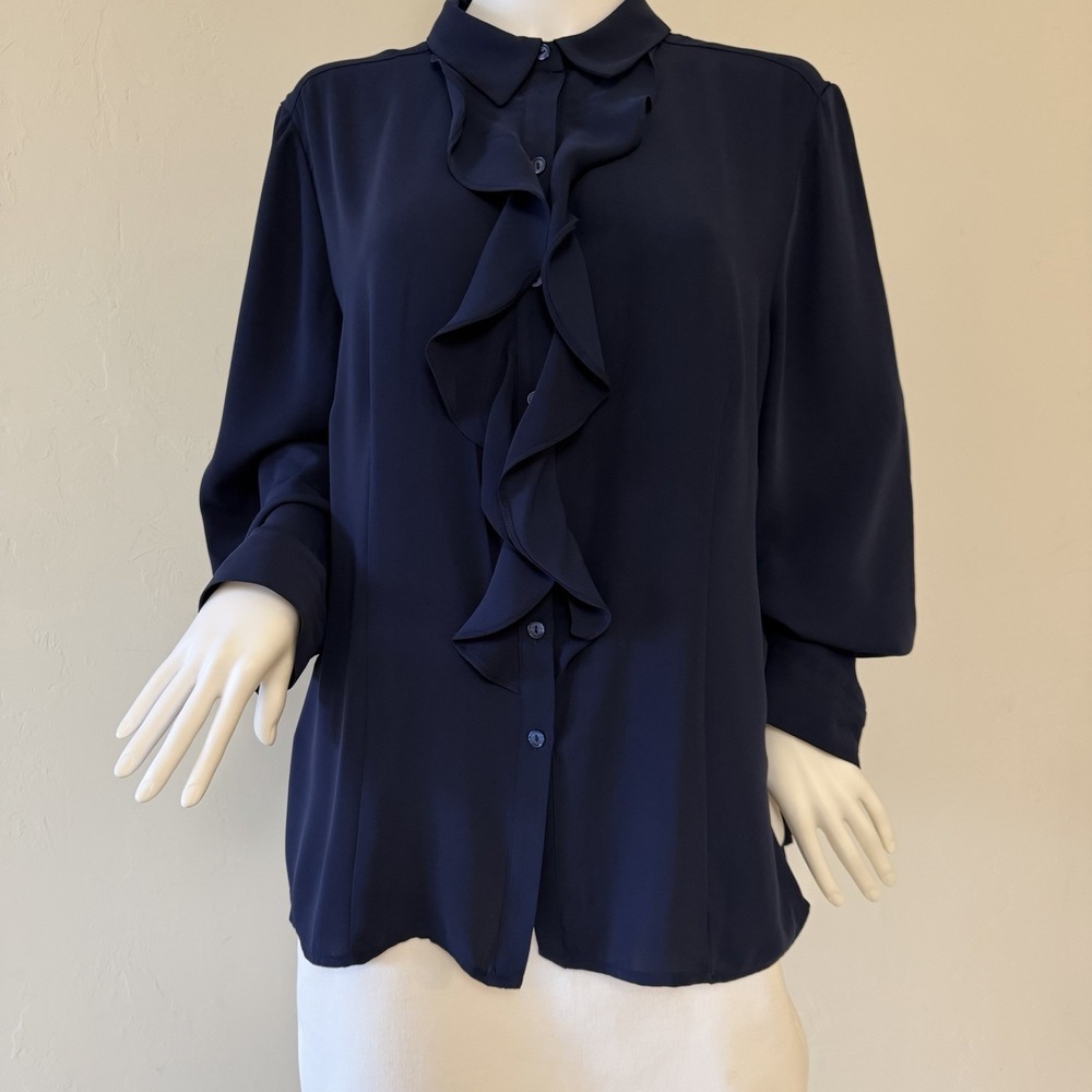 Chico's Women's Navy Blue Chiffon Ruffle Button Front‎ Blouse Size 3 US XL